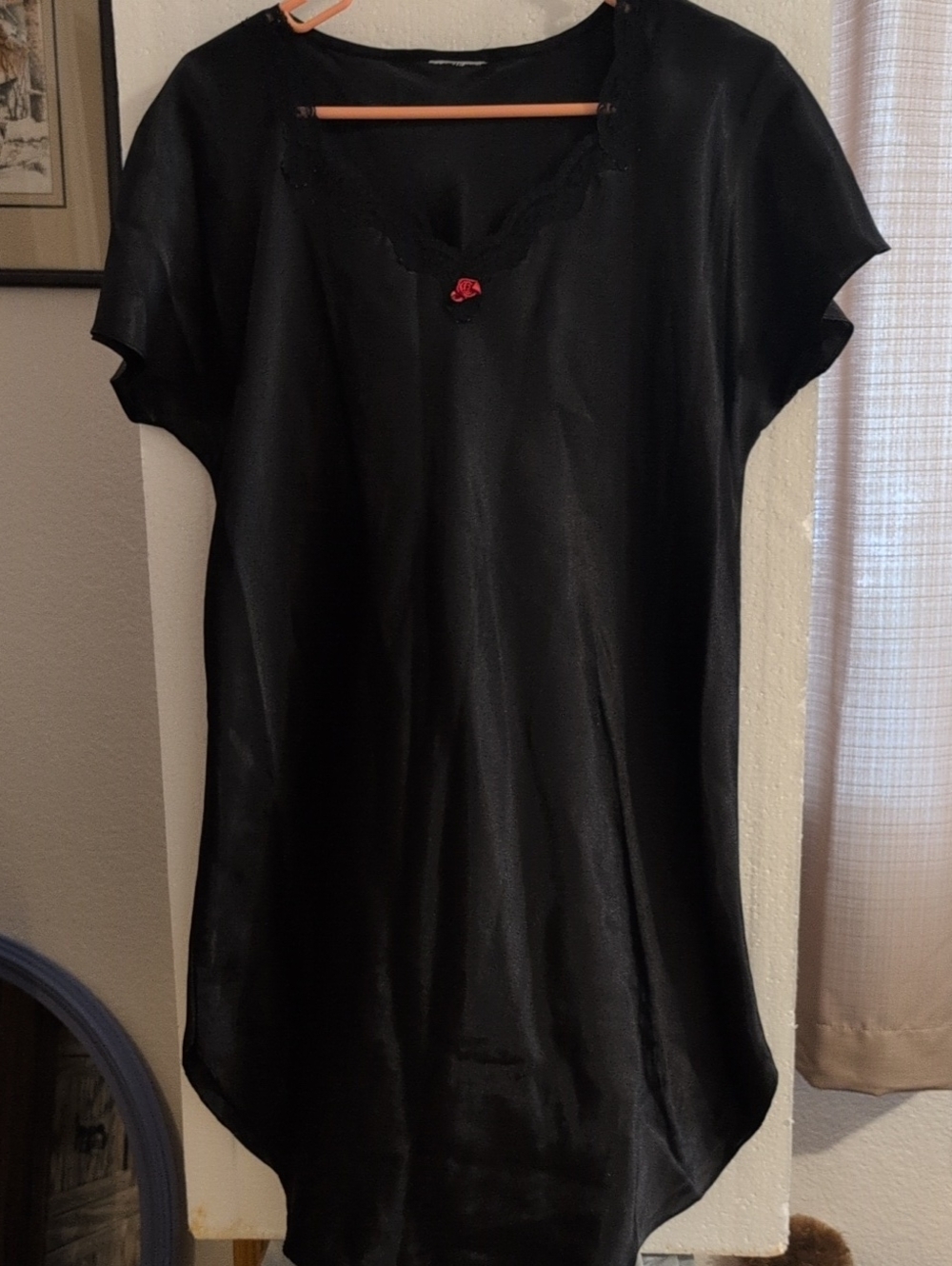 Black Satin Women's Short Sleeve Nightshirt